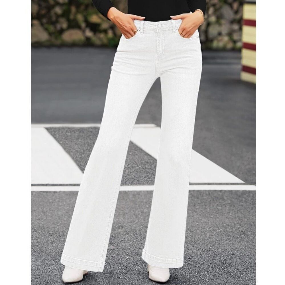 Womens White High Waisted Wide Leg Baggy Denim Flare Pants - Picture 4 of 7